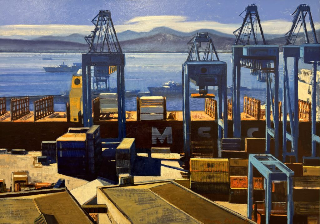 Port industriel de Valparaiso, 100x73 marie Détrée peintre officiel de la marine peinture marine galerie l'art des marines rouen