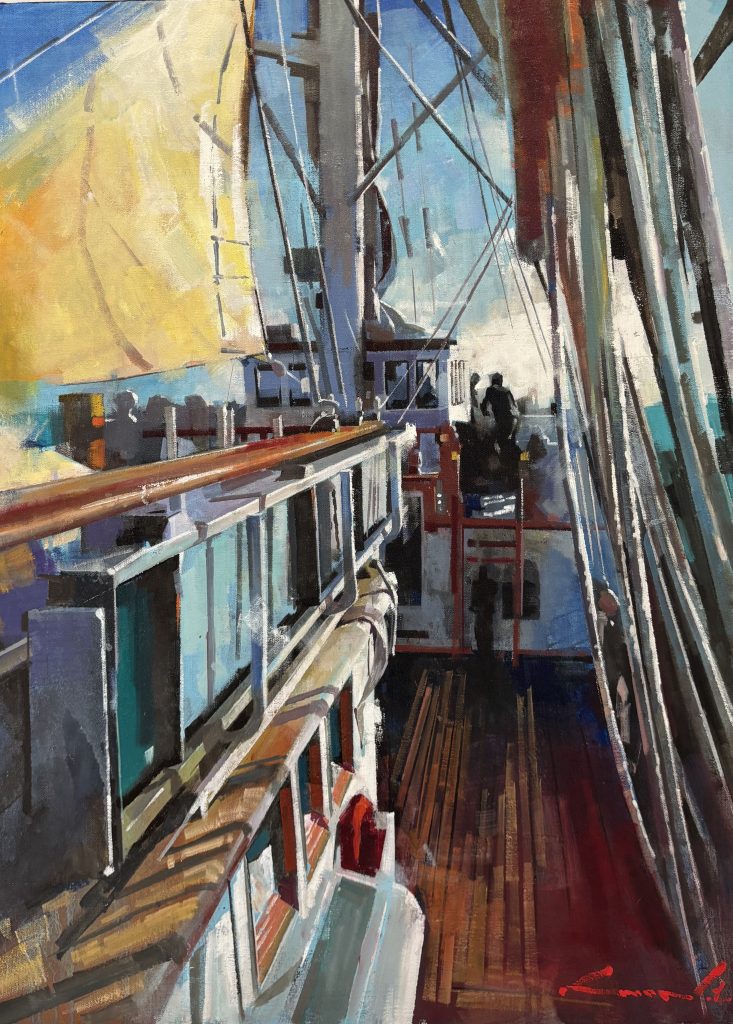 peinture marine galerie l'art des marines rouen Travail sur le pont du Belem, 60x81 Peinture sur toile, oeuvre unique et originale de YongMan Kwon ⚓️
