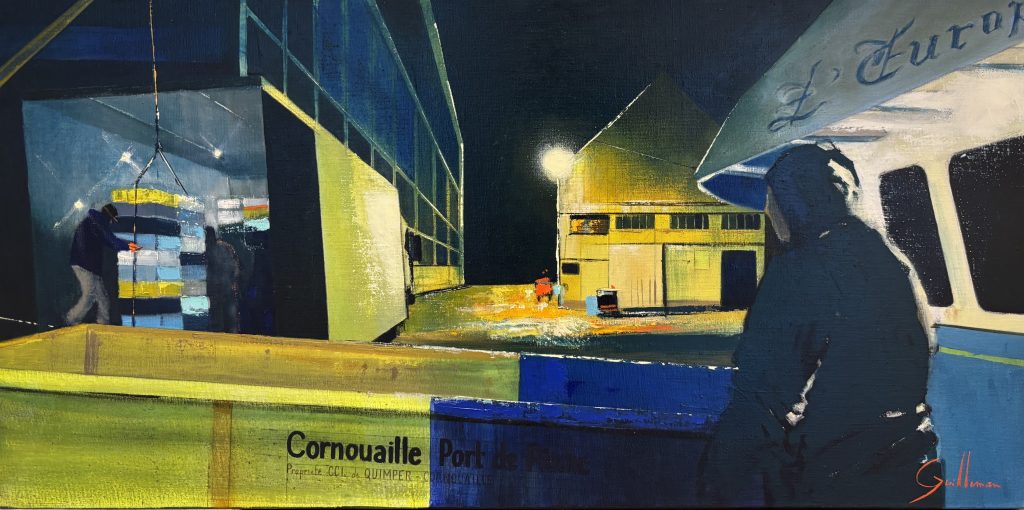 Peinture sur toile, oeuvre unique et originale de Anne-Marie Guilleman Débarque de nuit à Fécamp, 80x40cm galerie l'art des marines rouen galerie maritime mer