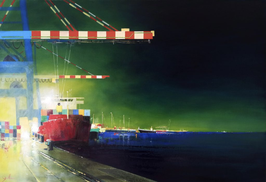 Escale au port de Zeebrugge, 100x70cm peinture marine maritime de nuit nocturne Anne marie Guilleman galerie l'art des marines rouen