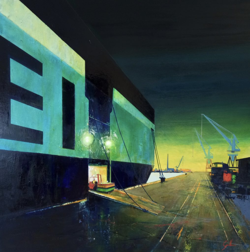 Peinture sur toile, oeuvre unique et originale de Anne-Marie Guilleman marine nocturne galerie l'art des marines rouen