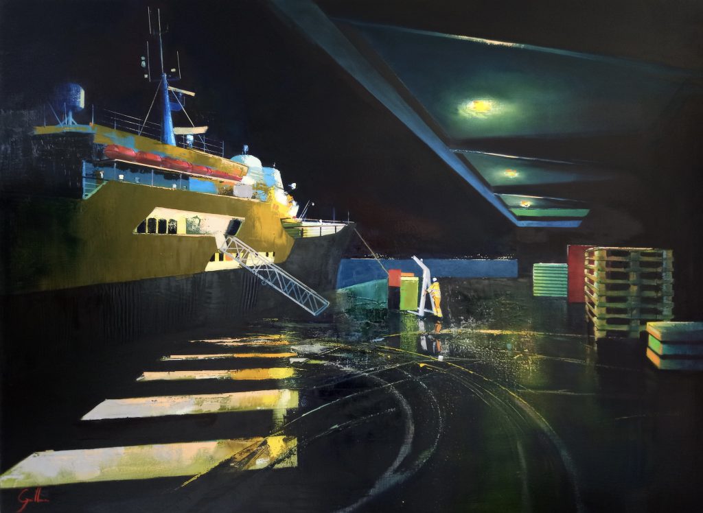 NORGE - à quai à Alesund, 130x97cm peinture marine nocturne quai galerie l'art des marines rouen Anne marie Guilleman