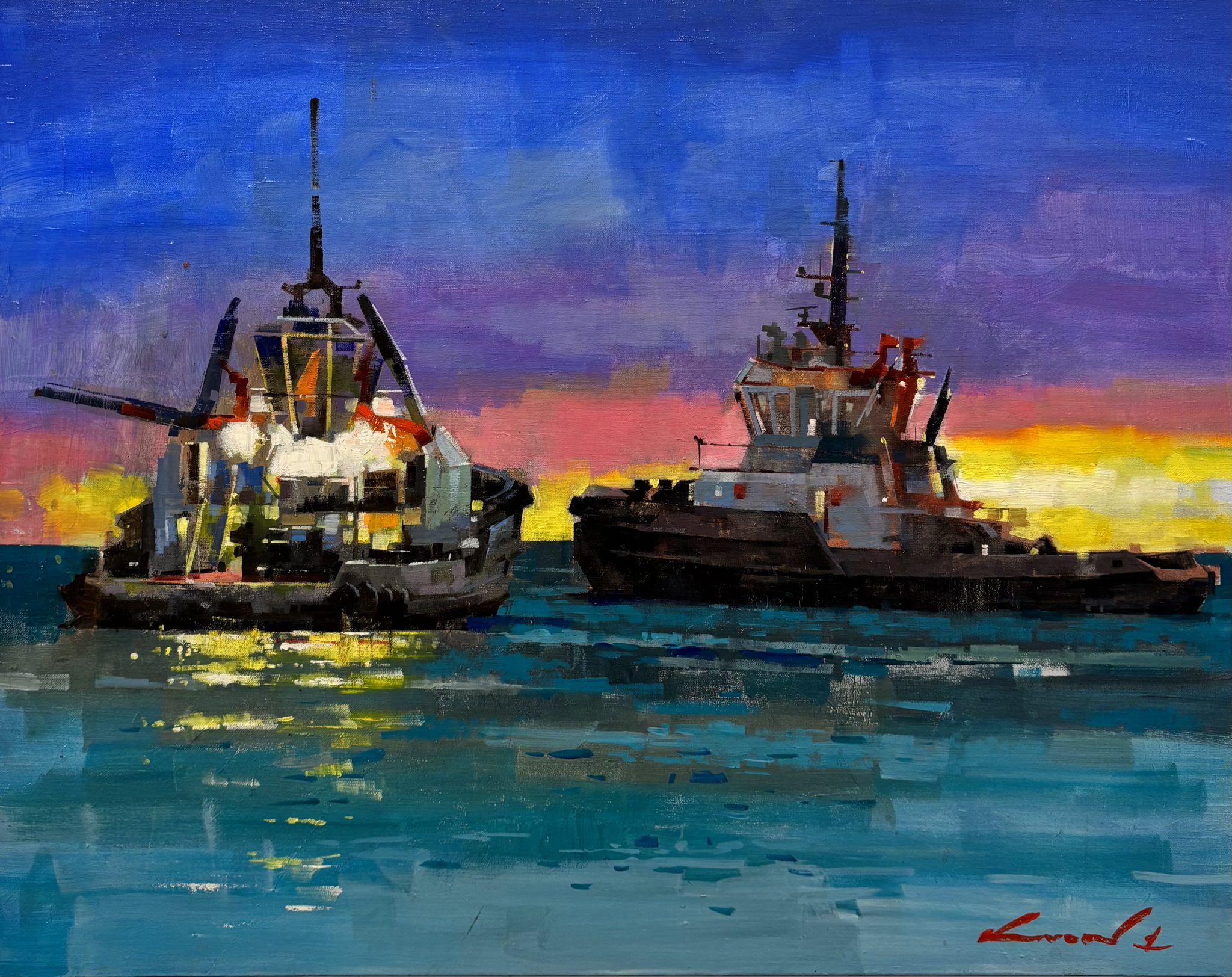En manoeuvre, 92x73 peintre officiel de la marine yongman Kwon peinture marine remorqueur galerie l'art des marines rouen