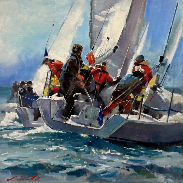 On ne passe pas sous le vent, 80x80 peintre officiel de la marine peinture maritime thème de la mer à Rouen l'art des marines yongman Kwon régate voilier