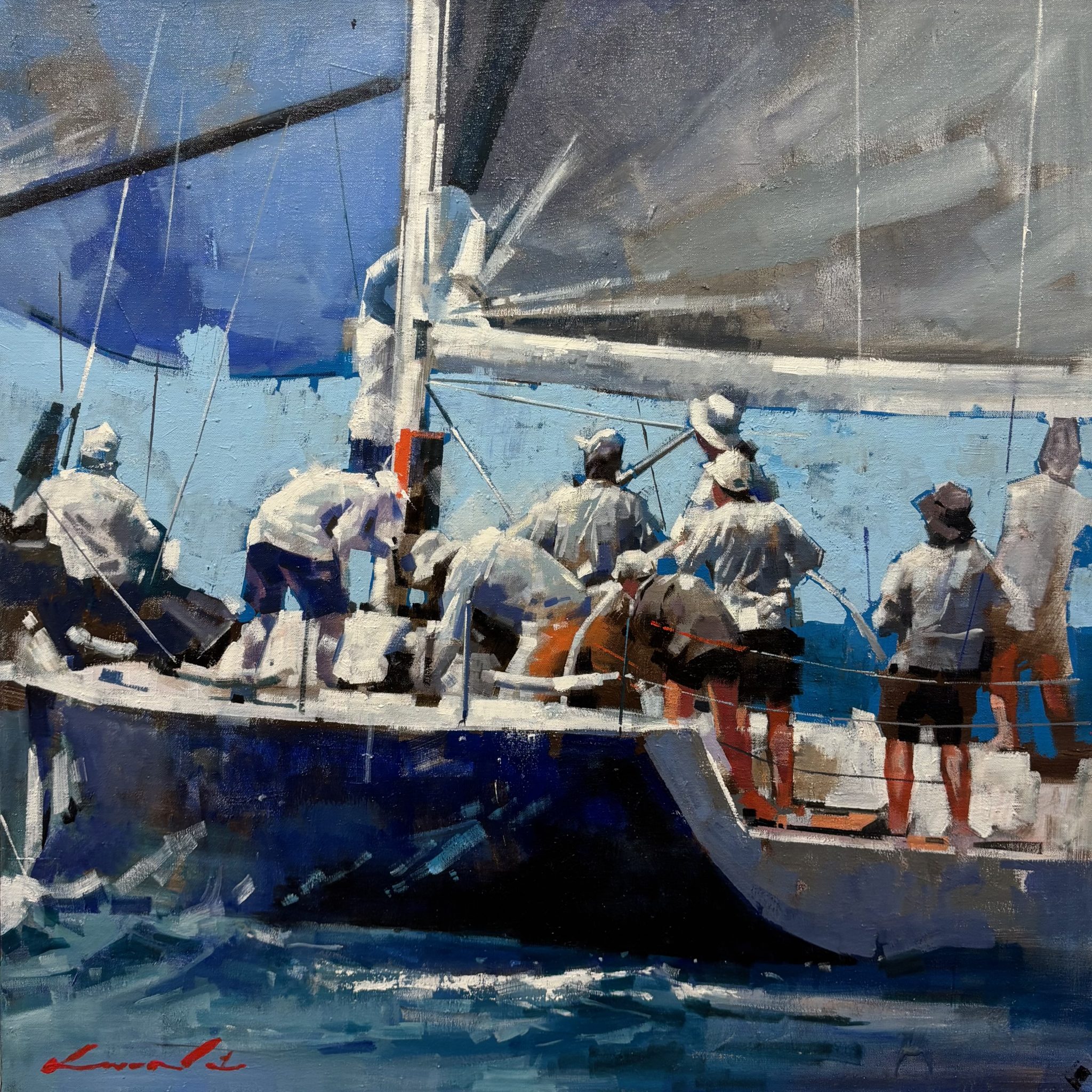 Sous spi, 80x80 peinture de régate yongman Kwon peintre officiel de la marine galerie l'art des marines rouen galerie d'art maritime thème de la mer