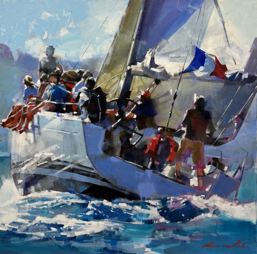On approche de la bouée, 80x80 peinture de régate en Bretagne à la galerie l'art des marines à rouen peintre officiel de la marine yongman Kwon. peinture marine maritime