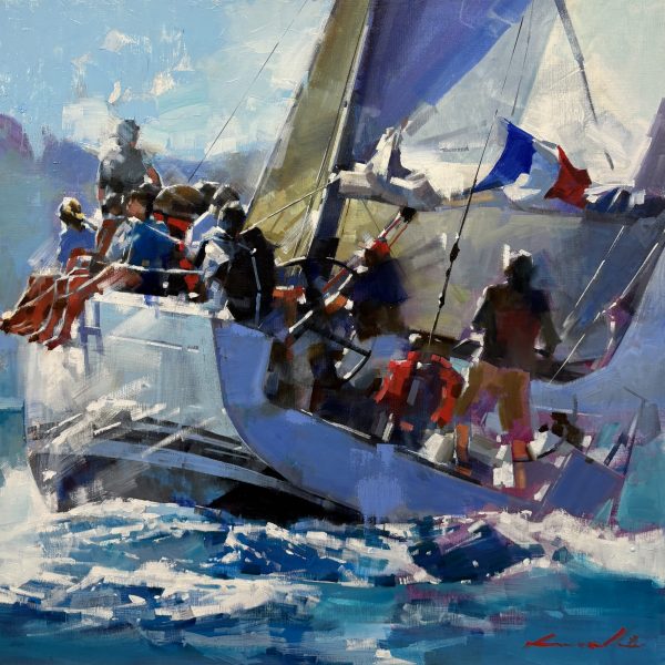 On approche de la bouée, 80x80 peinture de régate en Bretagne à la galerie l'art des marines à rouen peintre officiel de la marine yongman Kwon. peinture marine maritime