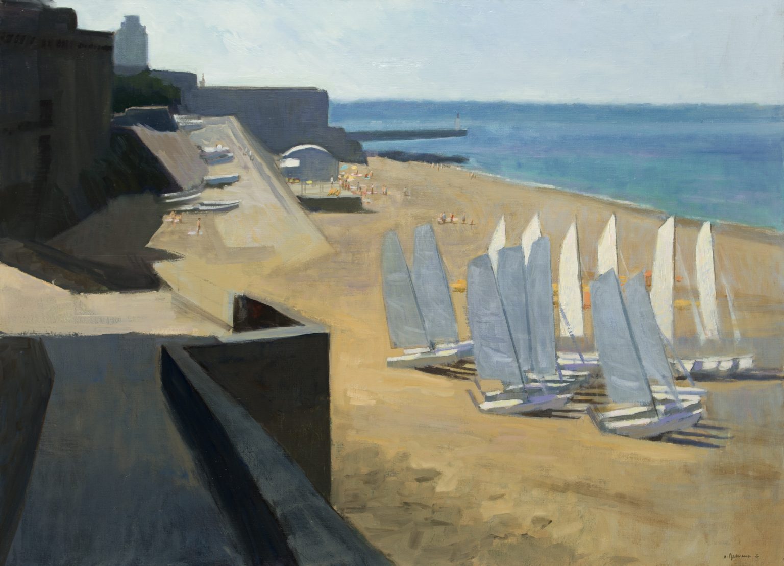 Peinture sur toile, oeuvre unique et originale de Olivier Desvaux ⚓️ Artiste Peintre Officiel de la Marine Regate sur le sable, 100x73cm Saint Malo
