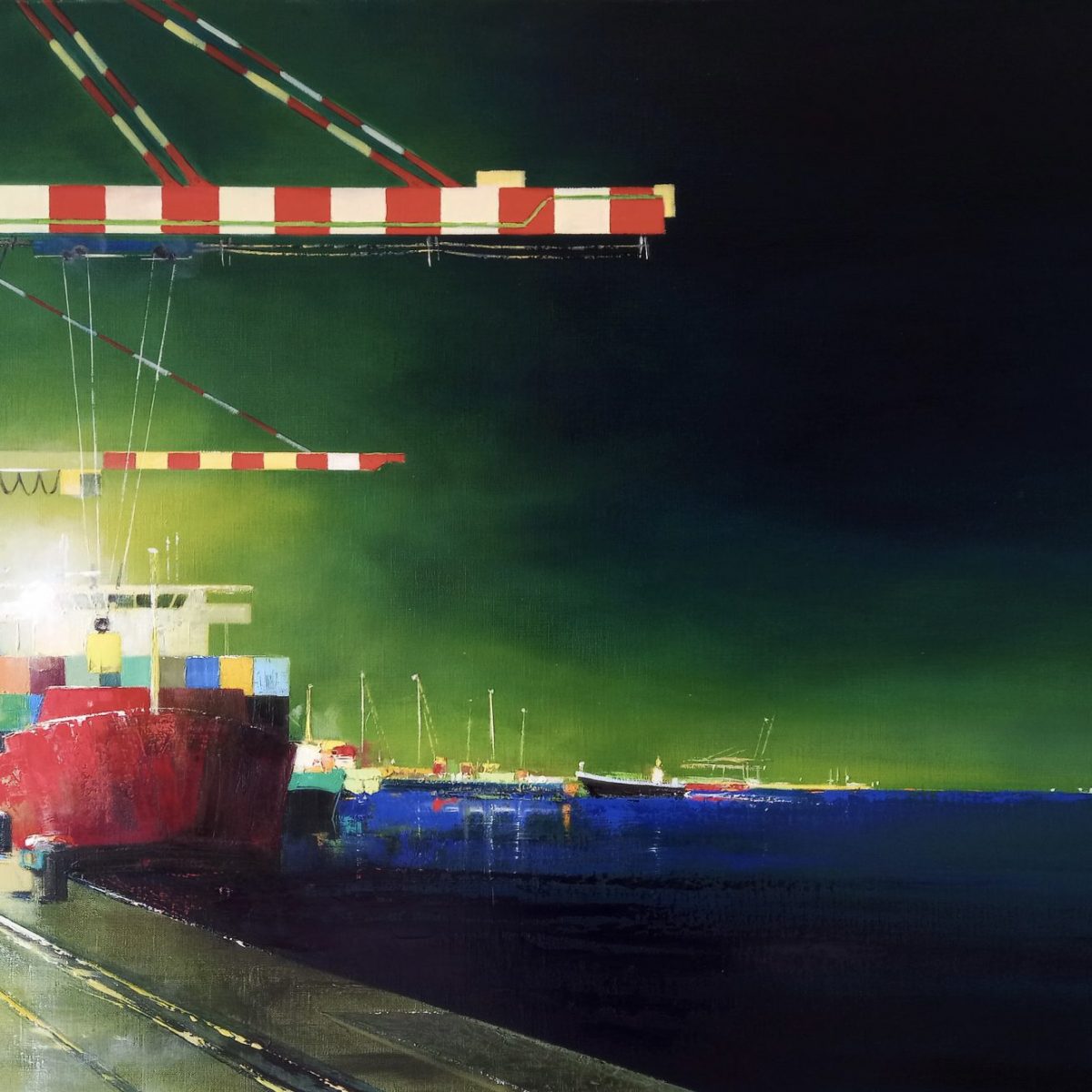 Escale au port de Zeebrugge, 100x70cm peinture marine maritime de nuit nocturne Anne marie Guilleman galerie l'art des marines rouen