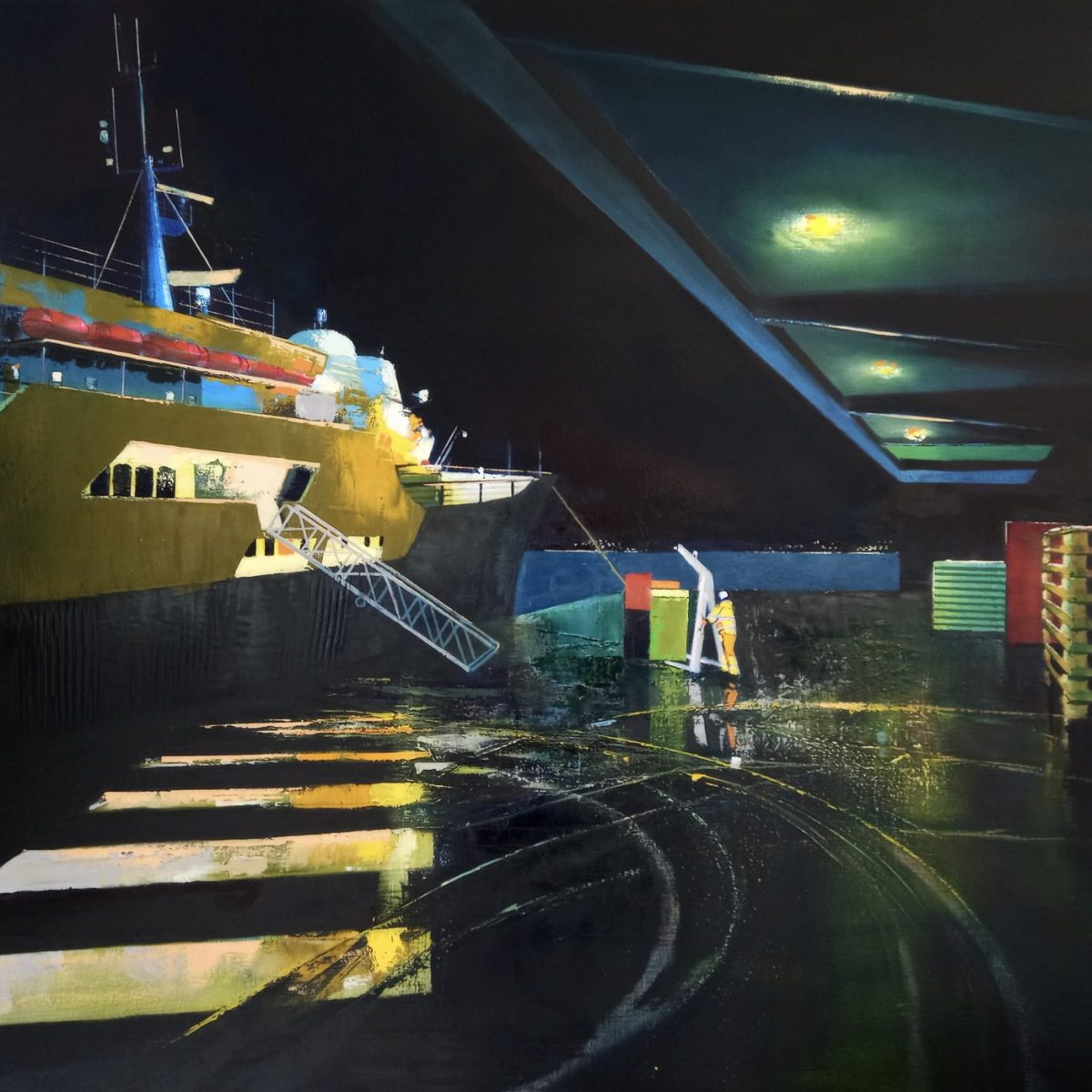 NORGE - à quai à Alesund, 130x97cm peinture marine nocturne quai galerie l'art des marines rouen Anne marie Guilleman